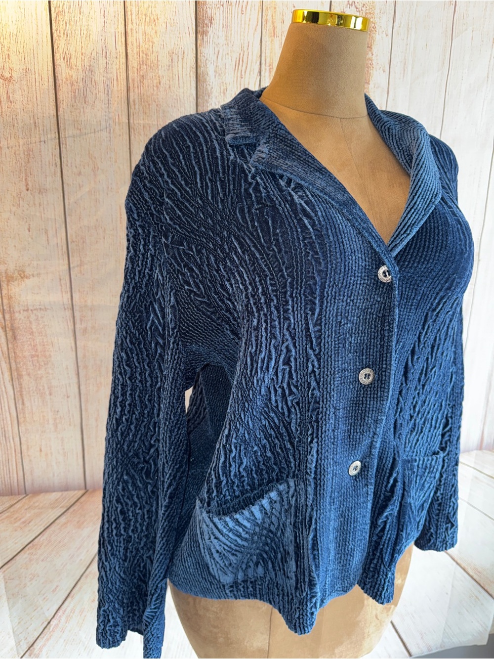 Chico’s Velour Cardigan Sweater, Blue Textured, Button Up, Pockets, Sz 3 -XL 16